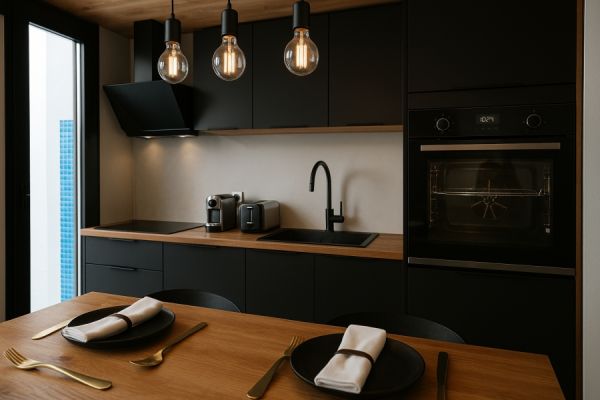 La cuisine noire et bois avec coin repas , une cuisine réalisée par SoCoo'c Villeneuve-Loubet