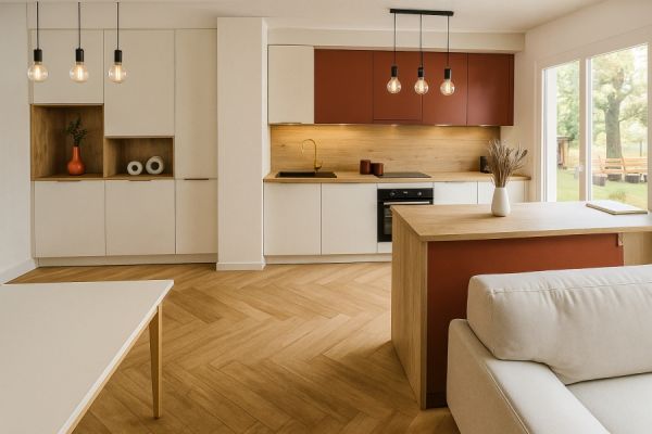 Belle cuisine beige, terracotta et bois avec ilot , une cuisine réalisée par SoCoo'c Villeneuve-Loubet