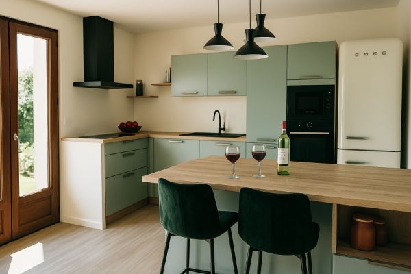 La cuisine vert pastel et bois avec ilot, une cuisine réalisée par SoCoo'c Villeneuve-Loubet