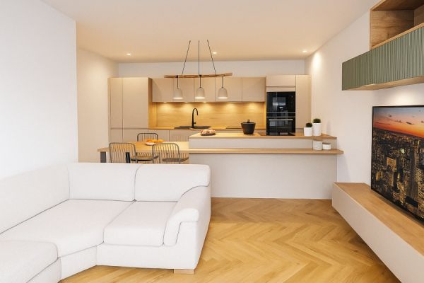 La cuisine beige et bois avec ilot , une cuisine réalisée par SoCoo'c Villeneuve-Loubet