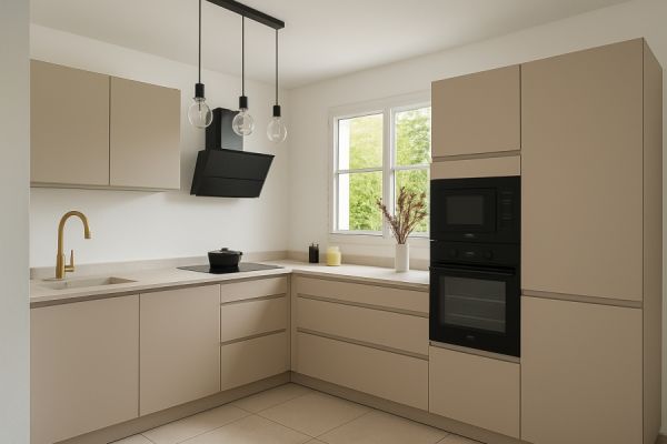 La cuisine beige et blanc sans poignée, une cuisine réalisée par SoCoo'c Villeneuve-Loubet