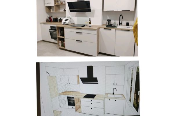 cuisine ouverte sur séjour blanc et bois , une cuisine réalisée par SoCoo'c Marseille Cantini