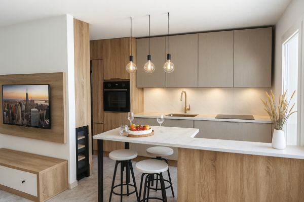 La cuisine crème et bois avec ilot et cave à vin., une cuisine réalisée par SoCoo'c Villeneuve-Loubet